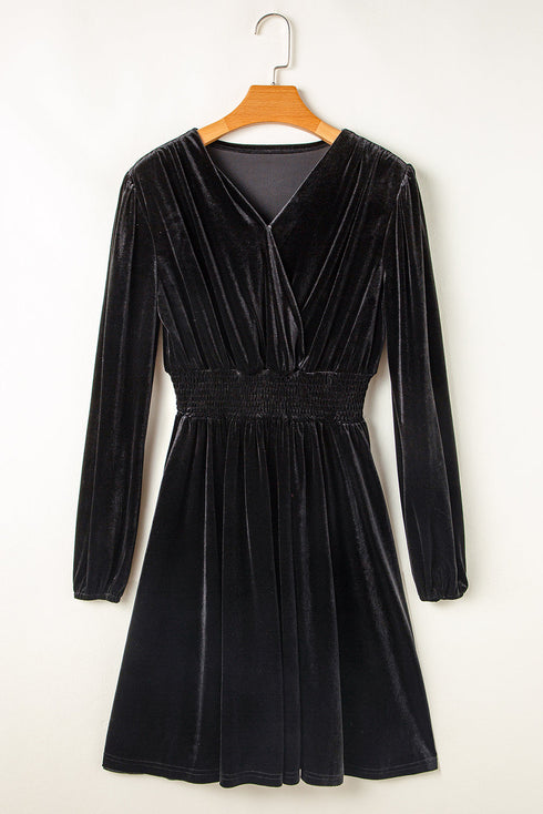 Elegant Velvet Surplice Long Sleeve High Waist Mini Dress