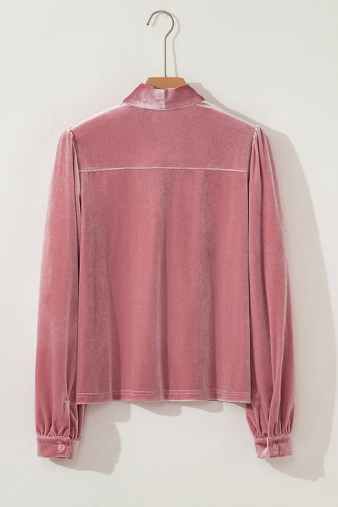 Elegant Velvet Tie Neck Puff Sleeve Blouse