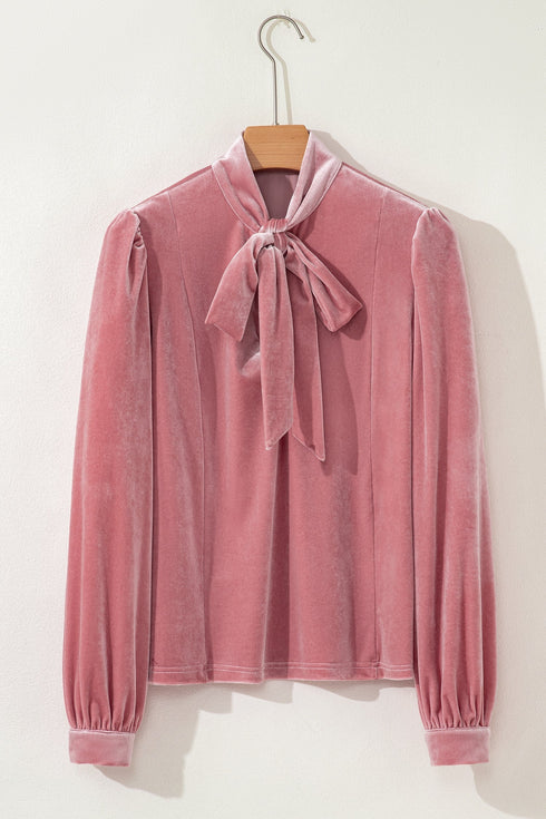 Elegant Velvet Tie Neck Puff Sleeve Blouse