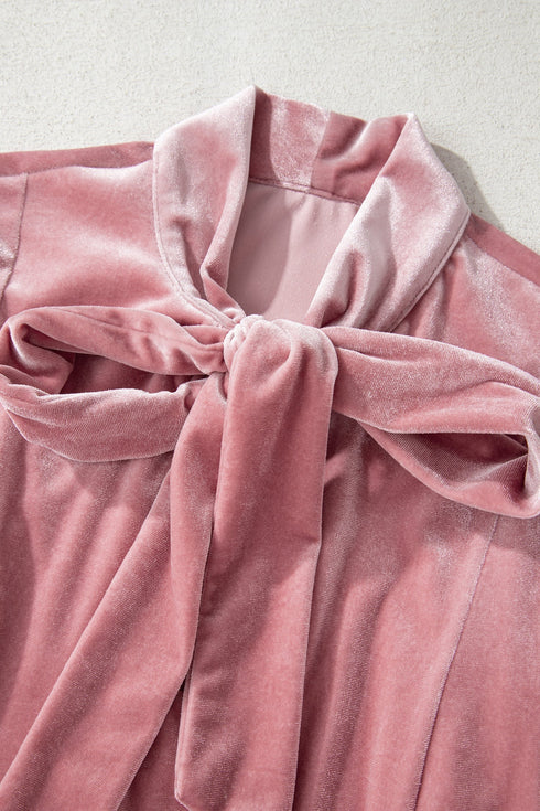 Elegant Velvet Tie Neck Puff Sleeve Blouse