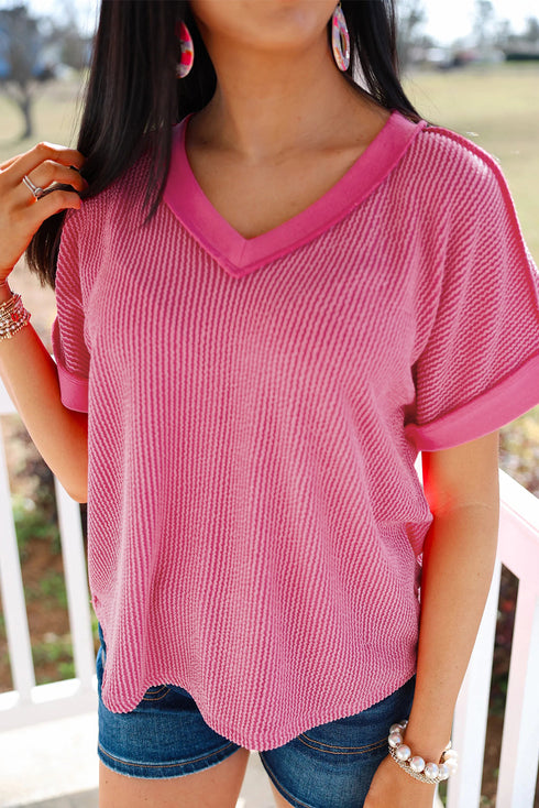 Elevated Style Twisted V Neck Corded Texture Casual Tee