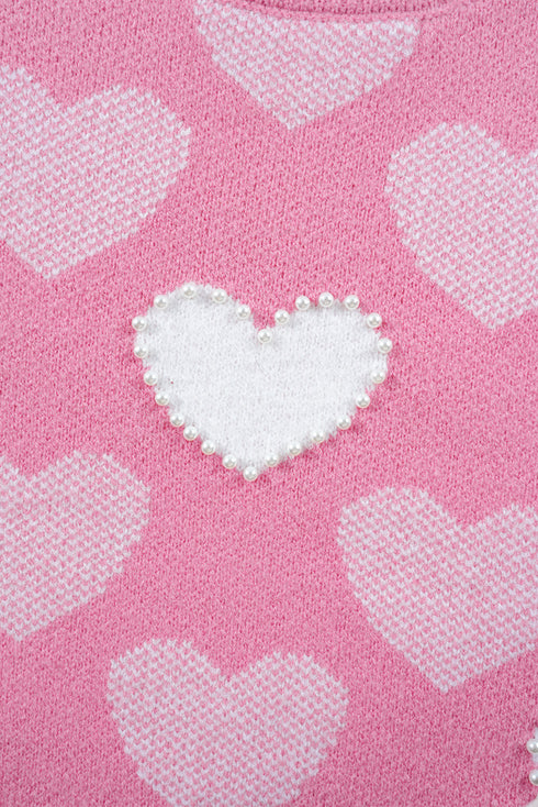 Embellished Heart Motif Soft Knit Crew Neck Sweater