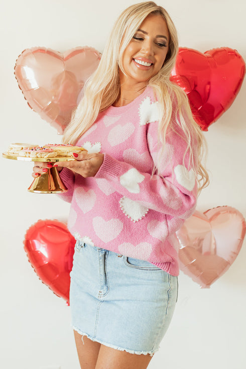 Embellished Heart Motif Soft Knit Crew Neck Sweater