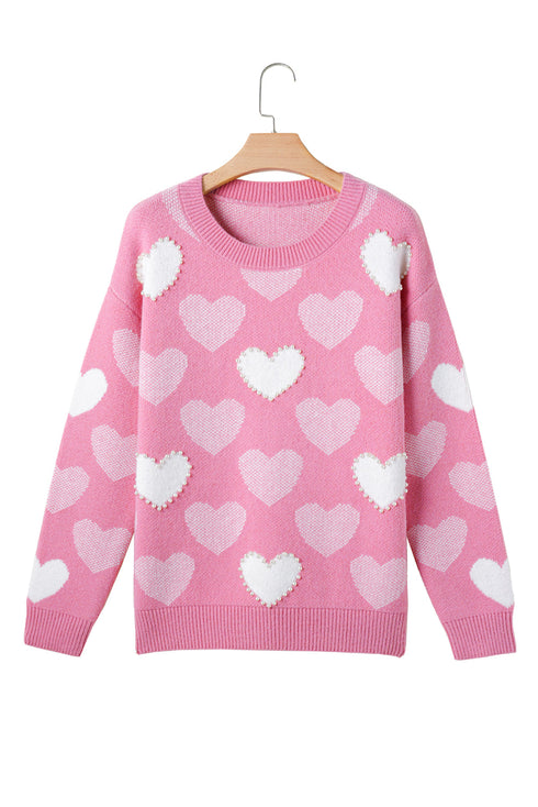 Embellished Heart Motif Soft Knit Crew Neck Sweater