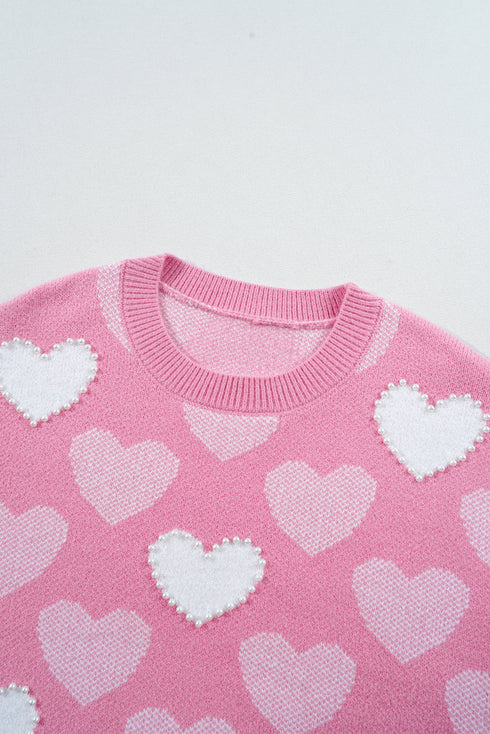 Embellished Heart Motif Soft Knit Crew Neck Sweater