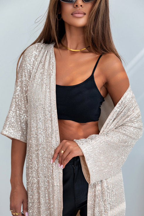 Embellished Open Front Midi Length Sequin Duster