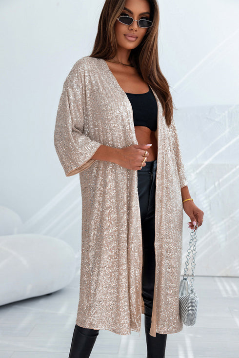 Embellished Open Front Midi Length Sequin Duster