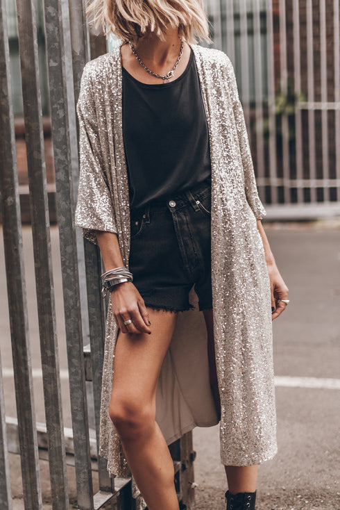 Embellished Open Front Midi Length Sequin Duster