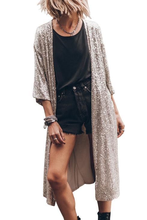 Embellished Open Front Midi Length Sequin Duster