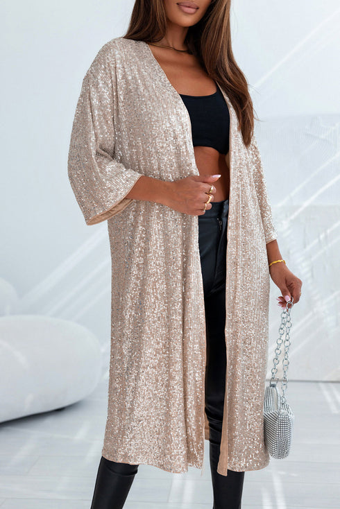 Embellished Open Front Midi Length Sequin Duster