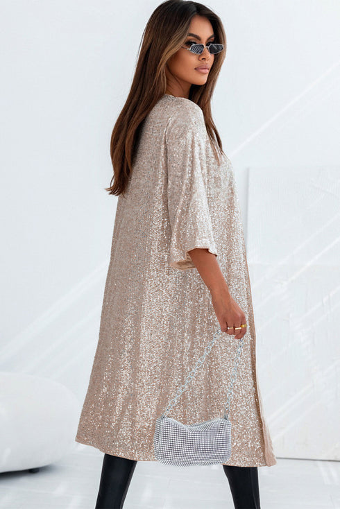 Embellished Open Front Midi Length Sequin Duster