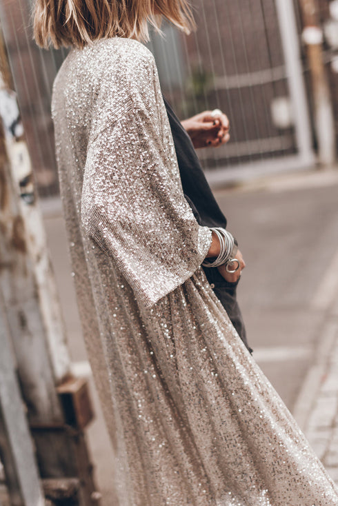 Embellished Open Front Midi Length Sequin Duster