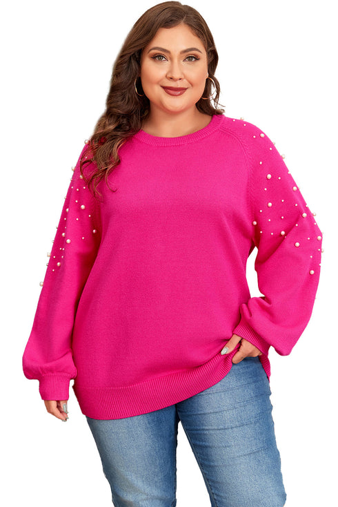 Embellished Pearl Raglan Sleeve Solid Knit Sweater