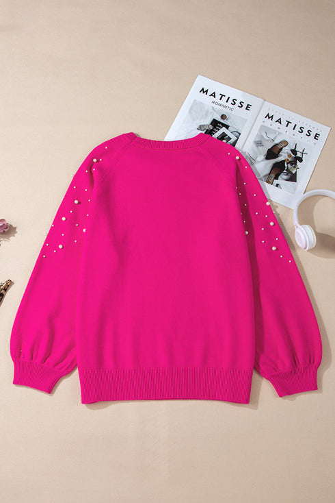 Embellished Pearl Raglan Sleeve Solid Knit Sweater