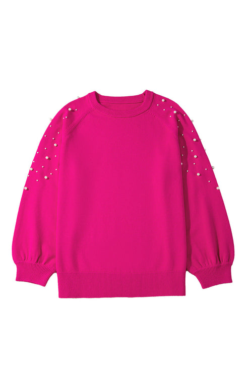 Embellished Pearl Raglan Sleeve Solid Knit Sweater