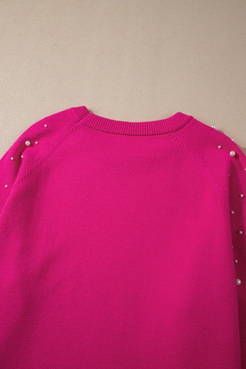 Embellished Pearl Raglan Sleeve Solid Knit Sweater