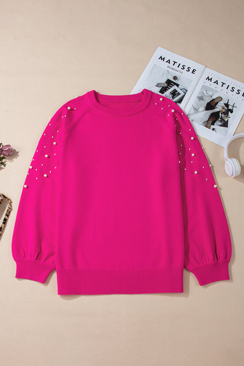Embellished Pearl Raglan Sleeve Solid Knit Sweater