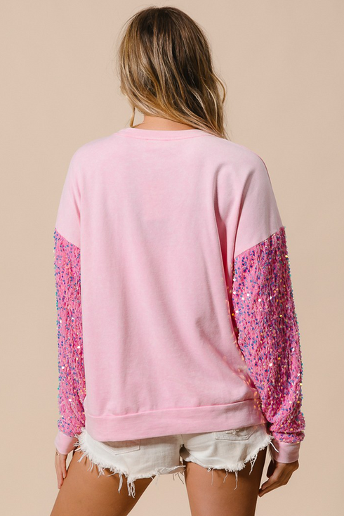 Embellished Santa Patch Sequin Sleeve Holiday Pullover Sweatshirt
