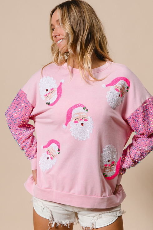 Embellished Santa Patch Sequin Sleeve Holiday Pullover Sweatshirt