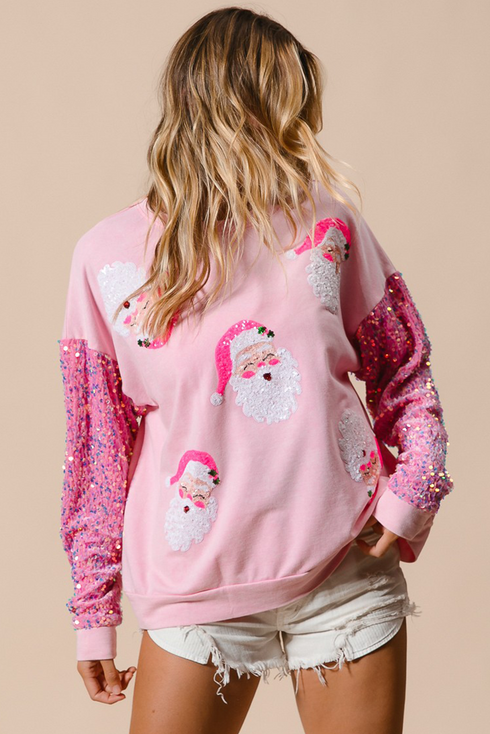 Embellished Santa Patch Sequin Sleeve Holiday Pullover Sweatshirt