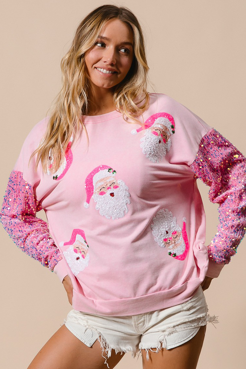 Embellished Santa Patch Sequin Sleeve Holiday Pullover Sweatshirt
