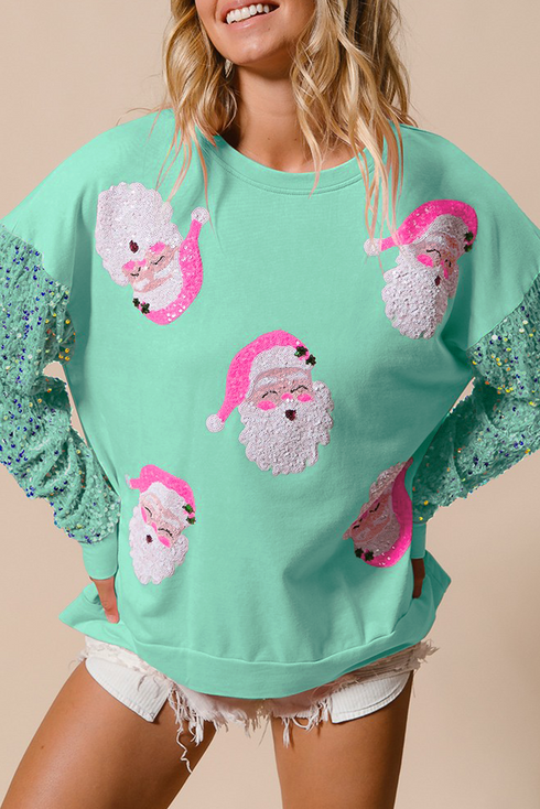 Embellished Santa Patch Sequin Sleeve Holiday Pullover Sweatshirt