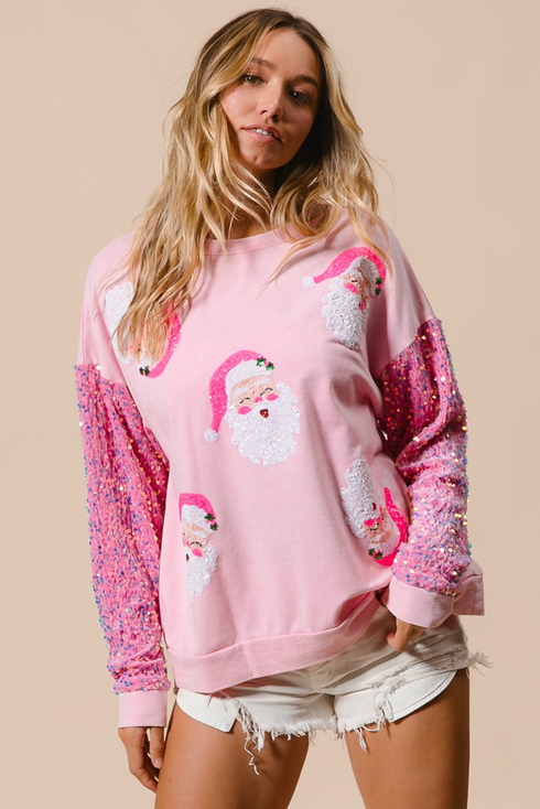 Embellished Santa Patch Sequin Sleeve Holiday Pullover Sweatshirt