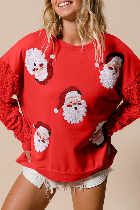 Embellished Santa Patch Sequin Sleeve Holiday Pullover Sweatshirt