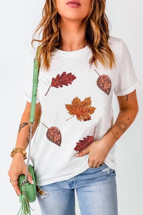 Embellished Sequin Leaf Graphic Short Sleeve Tee