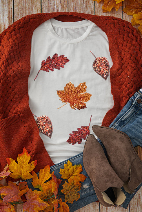 Embellished Sequin Leaf Graphic Short Sleeve Tee