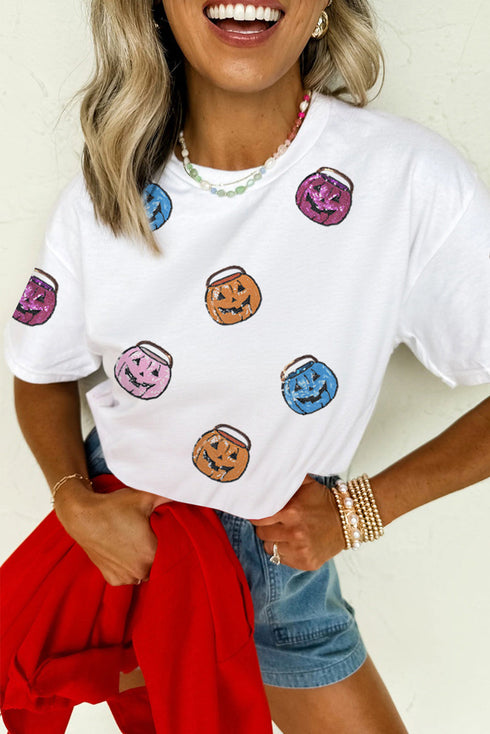 Embellished Sequin Pumpkin Face Graphic Crew Neck Tee