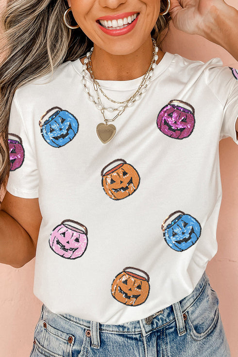 Embellished Sequin Pumpkin Face Graphic Crew Neck Tee