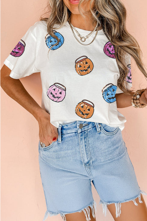 Embellished Sequin Pumpkin Face Graphic Crew Neck Tee