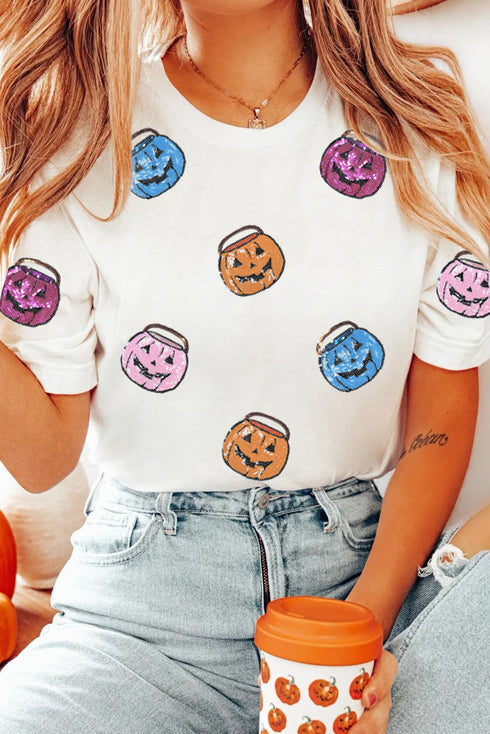 Embellished Sequin Pumpkin Face Graphic Crew Neck Tee