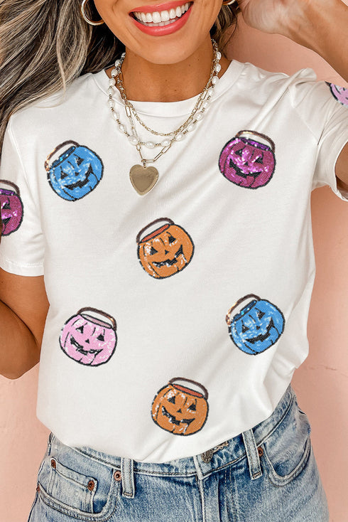 Embellished Sequin Pumpkin Face Graphic Crew Neck Tee