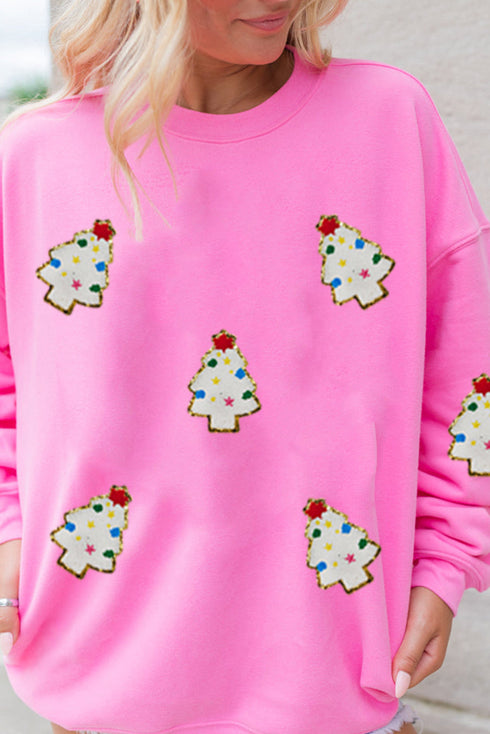 Embellished Tree Patch Fleece Lined Pullover Sweatshirt