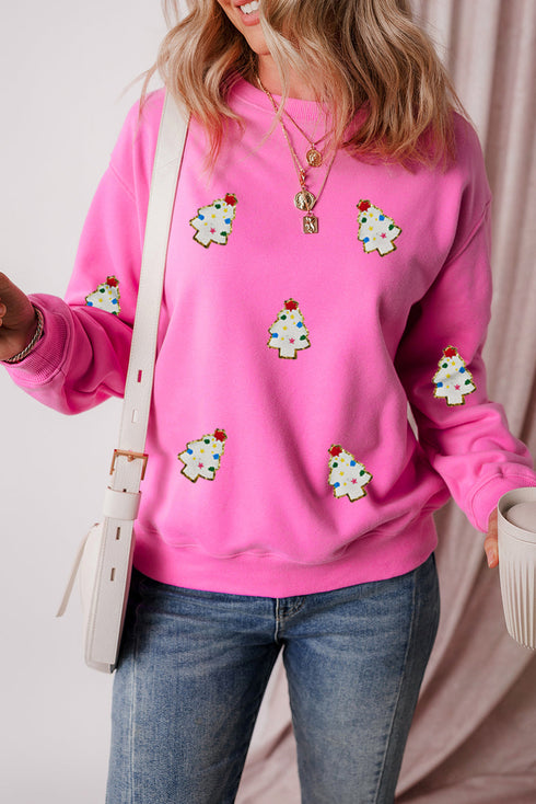 Embellished Tree Patch Fleece Lined Pullover Sweatshirt