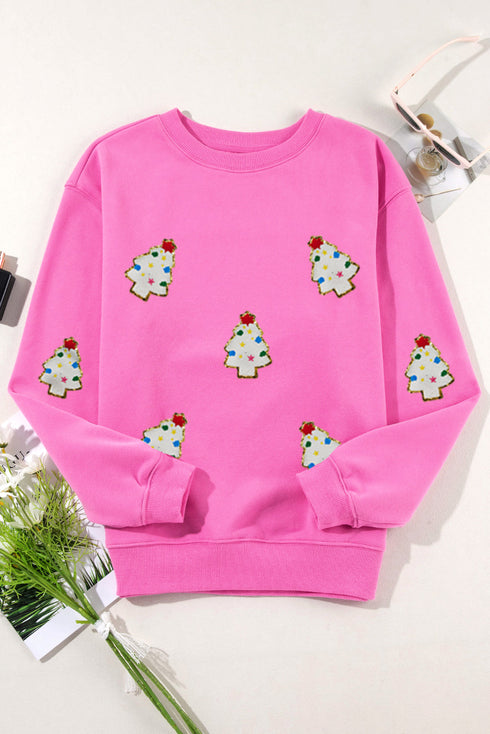 Embellished Tree Patch Fleece Lined Pullover Sweatshirt
