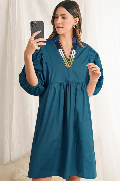 Embellished V-Neck Puff Sleeve Cotton Poplin Babydoll Mini Dress