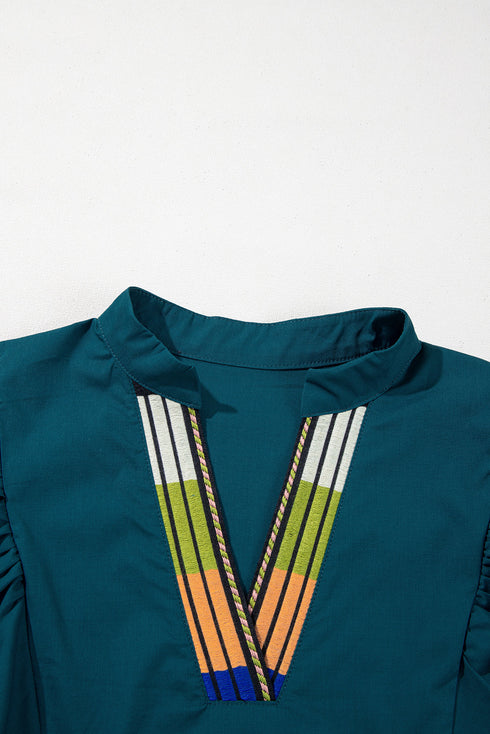 Embellished V-Neck Puff Sleeve Cotton Poplin Babydoll Mini Dress