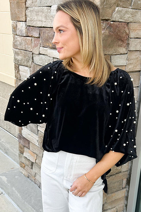Embellished Velvet Round Neck Flutter Sleeve Blouse