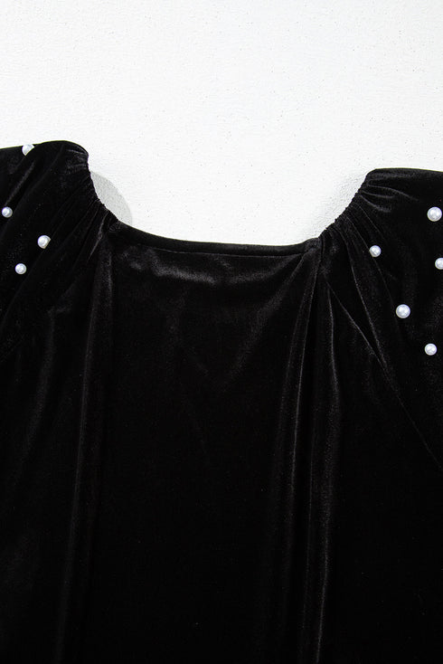 Embellished Velvet Round Neck Flutter Sleeve Blouse