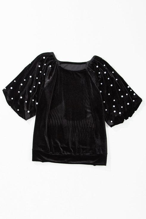 Embellished Velvet Round Neck Flutter Sleeve Blouse