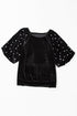 Embellished Velvet Round Neck Flutter Sleeve Blouse