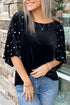 Embellished Velvet Round Neck Flutter Sleeve Blouse