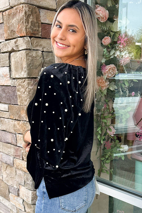 Embellished Velvet Round Neck Flutter Sleeve Blouse