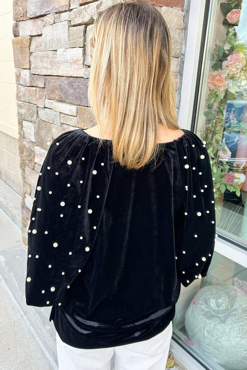 Embellished Velvet Round Neck Flutter Sleeve Blouse