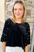 Embellished Velvet Round Neck Flutter Sleeve Blouse