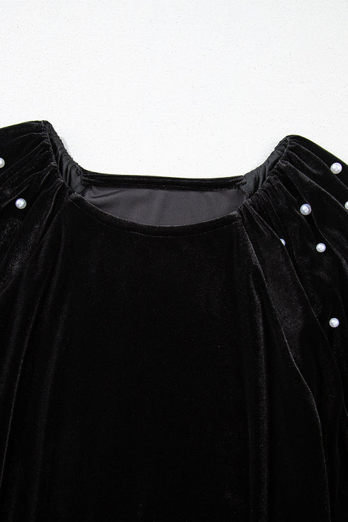 Embellished Velvet Round Neck Flutter Sleeve Blouse
