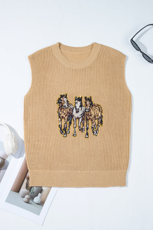 Embellished Western Horse Graphic Sleeveless Knit Top